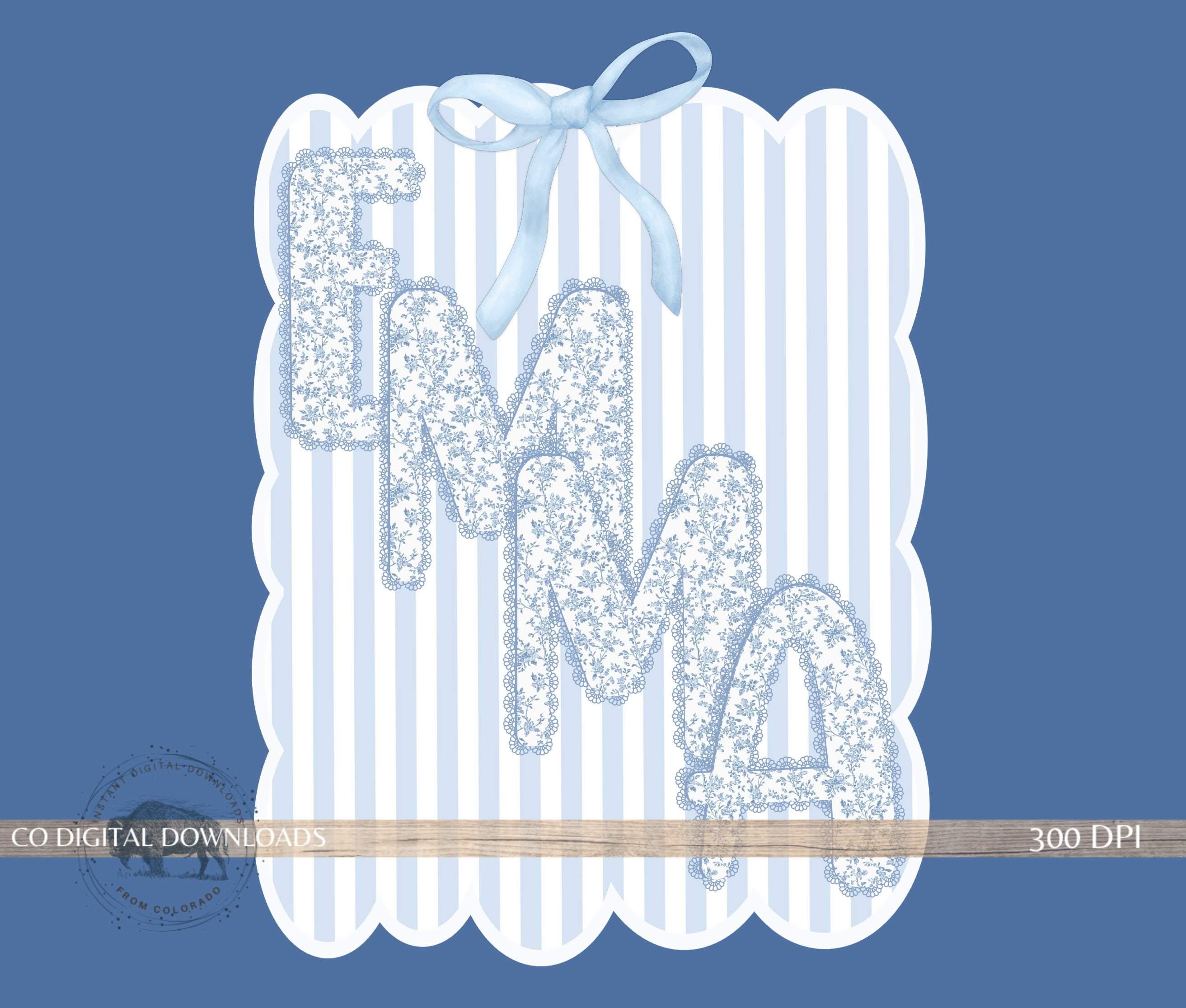 Lace Floral Alphabet PNG Bundle, Preppy Blue Toile Letters, Bow Digital ...