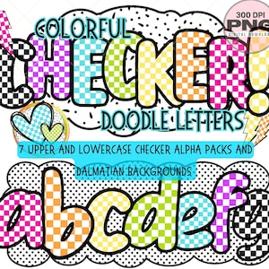 Alfabeto de cuadros coloridos (PNG/PDF), letras de doodle alfa para maestros, letras de cuadros, alfabeto de colores brillantes, letra imprimible para tablón de anuncios