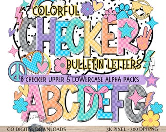 Retro Checker Alphabet Bundle PNG, Colorful Alpha Doodle letters, Bright Spring rainbow clipart, peace bulletin board kit, 7 Alpha pack