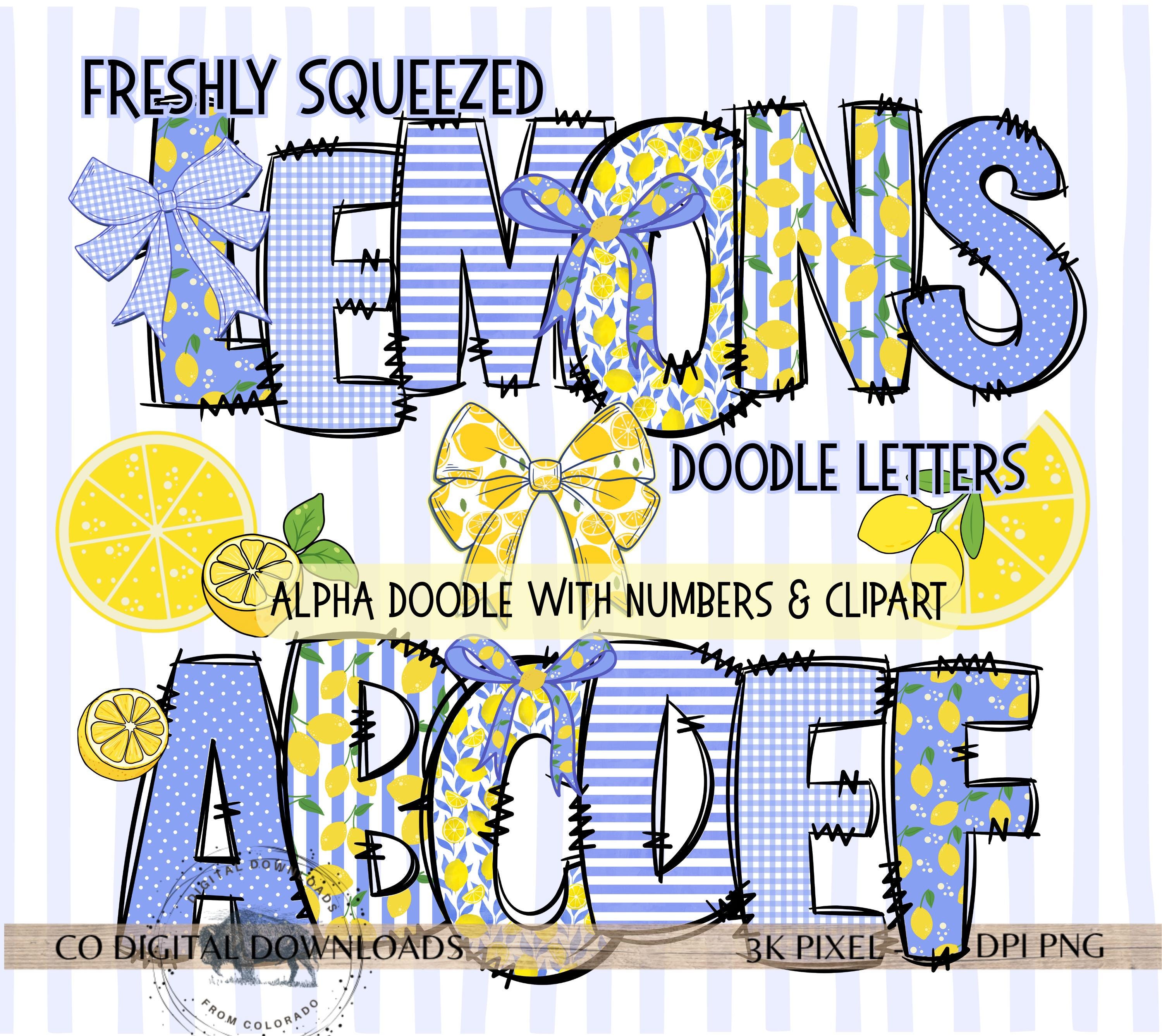 Lemon Doodle Letters Alphabet Bundle PNG, Summer Coquette Clipart, Blue ...