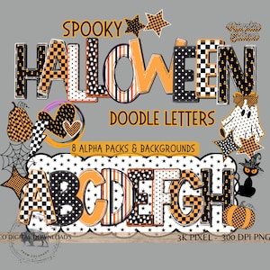 Preppy Halloween Alphabet PNG bundle, Black orange checker doodle font, Ghost Halloween letters, Spooky Season PNG, marquee bulletin board