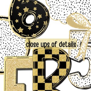 May include: Close-up of details featuring the numbers 6, 5, and R, each with unique designs. The number 6 is black with gold stars, while the R has a black and gold checkerboard pattern. The number 5 has a gold bow.