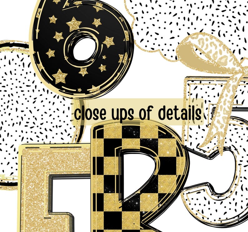 May include: Close-up of details featuring the numbers 6, 5, and R, each with unique designs. The number 6 is black with gold stars, while the R has a black and gold checkerboard pattern. The number 5 has a gold bow.