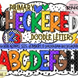 Primary Checker Alphabet Bundle PNG PDF, Alpha Doodle letters, Checkered Letter PNG, Bright Colors 8 Alpha Set, Dalmatian Dot Marquee letter
