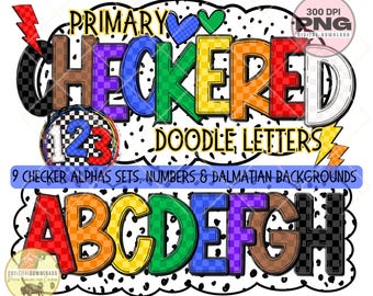 Paquete de alfabeto de ajedrez para primaria en formato PNG y PDF, fuente Alpha Doodle, letra a cuadros, conjunto de 8 letras en colores brillantes, letra marquesina para el tablón de anuncios de clase.