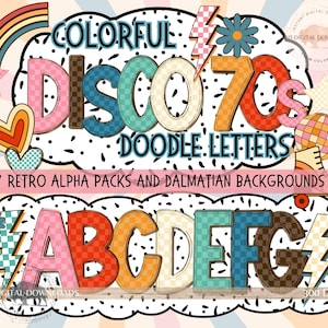 Paquete de alfabeto de cuadros retro PNG PDF, letras Disco Alpha Doodle, letras PNG geniales, otoño, conjunto de 7 alfa, letra de marquesina para el regreso a clases