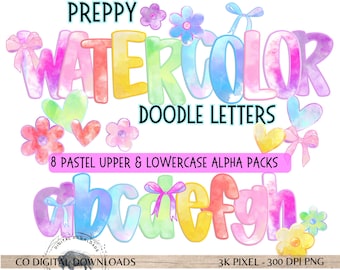 Colorful Watercolor Alphabet Bundle PNG, upper & lowercase, Alpha Doodle letters, Preppy pastel font PNG, Spring Alpha, Marquee bulletin