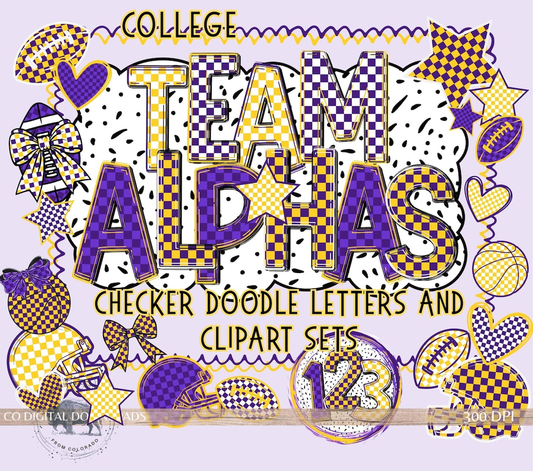 Team Spirit Alphabet PNG Bundle, Football Purple Yellow Checker Letters ...