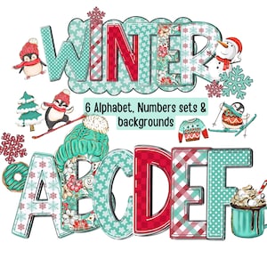 May include: A digital design with the word "WINTER" in a decorative font, with letters adorned with patterns and winter illustrations. Includes alphabet letters, numbers, and backgrounds with winter elements such as penguins and snowflakes.