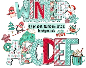 Winter Alphabet png Bundle, Snowboard Alpha Doodle letters, red aqua Alpha Set, Snowman Floral, Penguin January Marquee bulletin