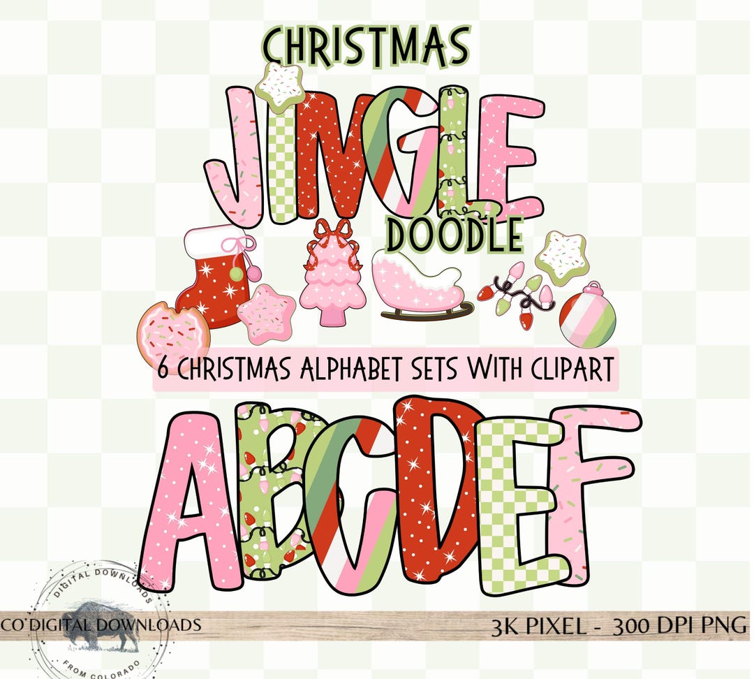Preppy Christmas Alphabet Bundle PNG, Pink Red Green Doodle Letters ...