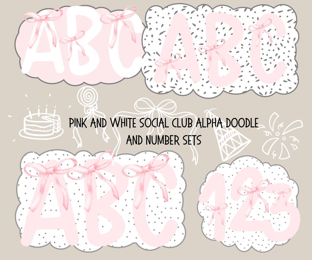 Preppy Birthday Alphabet Png Bundle, Bow Social Club Alpha Doodle ...