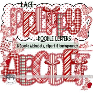 May include: A digital design with the words "LACE PRETTY DOODLE LETTERS" in red and white, with decorative lace edges and bows. The design includes various holiday-themed clip art elements and the text "6 Doodle Alphabets, clipart & backgrounds."