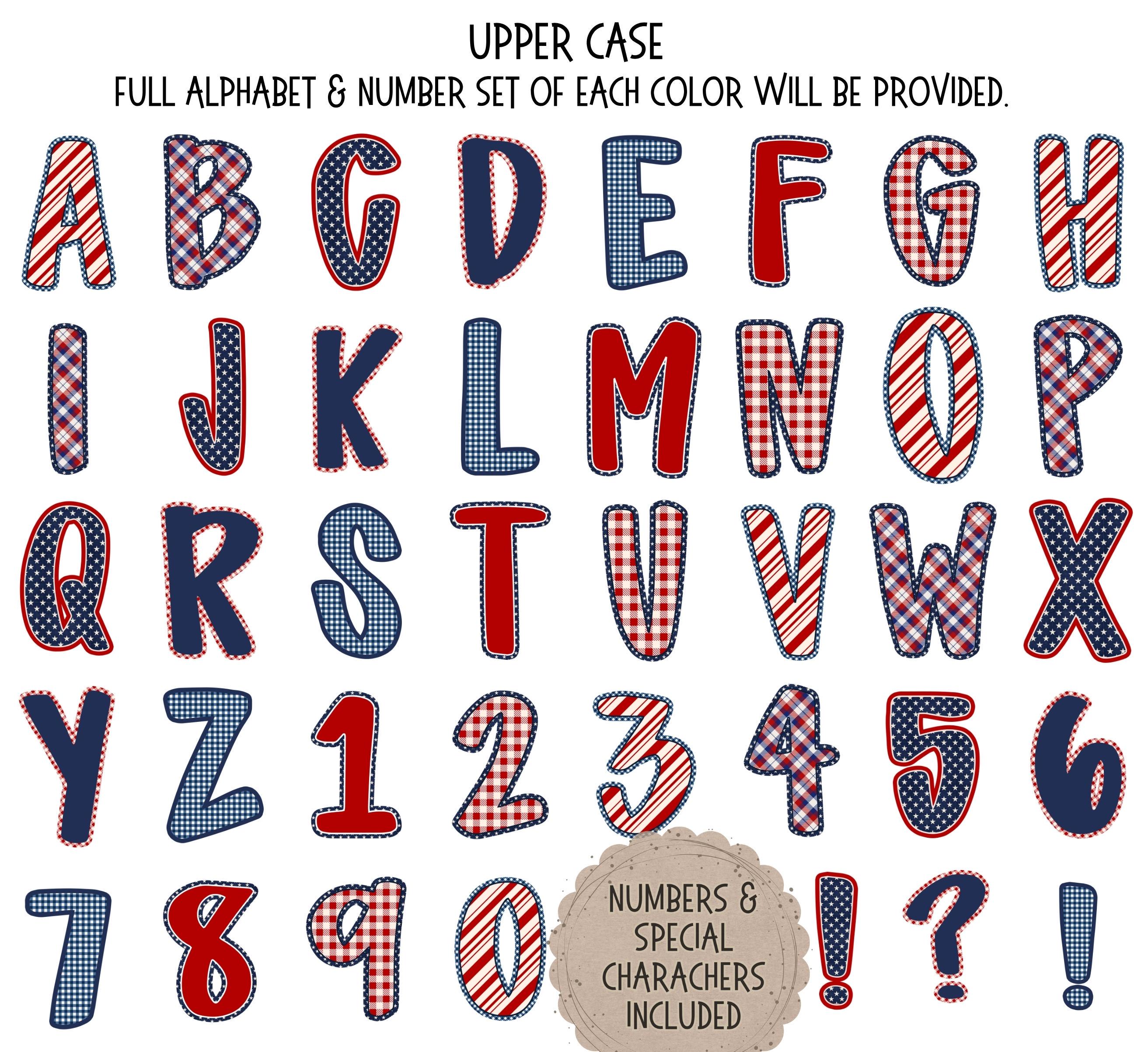 Preppy 4th of July Alphabet Bundle PNG, Red Blue Doodle Letters ...
