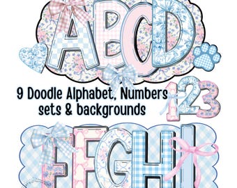 Grandmillennial Floral Mix Bow Alphabet PNG, Blue Toile Coquette, Doodle font png, 9 Alpha pack PNG, Preppy Floral Gingham, Marquee letters