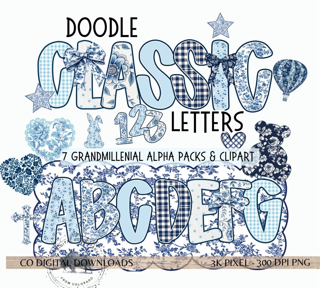 Preppy Blue Alphabet PNG Bundle, Floral Toile Letters, Grandmillenial ...