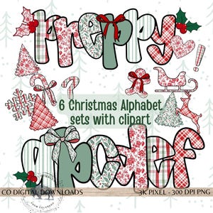 May include: A digital design featuring the word "Merry" and "abcdef" in a whimsical font, decorated with Christmas-themed patterns and clip art. The design includes holly, bows, and a gingerbread man. The text "6 Christmas Alphabet sets with clipart" is also included.