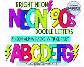 Pacote de alfabeto neon colorido, letras brilhantes Alpha Doodle png, letras primárias PNG, conjunto de cores brilhantes 7 Alpha, sublimação e quadro de avisos