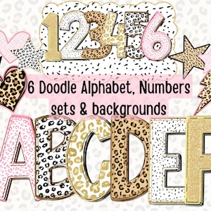 May include: A set of 6 doodle alphabet letters and numbers with leopard print, gold glitter, and pink accents. The letters are A, B, C, D, E, and F. The numbers are 1, 2, 3, 4, 5, and 6. The set also includes hearts, stars, and lightning bolts.