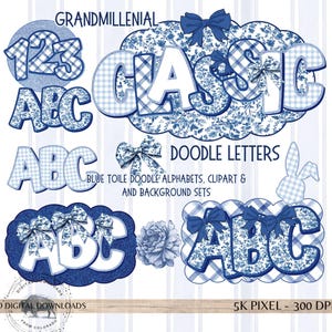 Blauwe toile-alfabet png, bundel coquette-paasbrief, aangepaste alfa-doodle, Grandmillenial blauwe glitter, selectiekaderachtergrond, prikbord