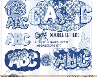 Blue Toile Alphabet PNG, coquette Easter Letter bundle, Custom Alpha doodle, Blue glitter palette Letters, toile background, Marquee doodle