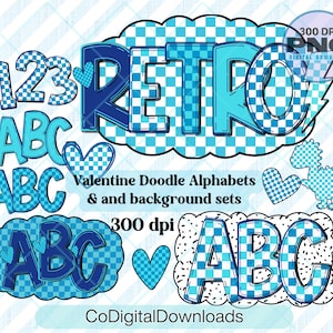 Letras del alfabeto de cuadros azules PNG, cuadros azules retro, 5 conjuntos de alfabeto, fuente de niño, garabato de marquesina dálmata, boletín de descarga digital