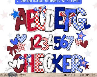 4th of July checker alphabet PNG Bundle, Patriotic Doodle font, team sports letters, Red White Blue checkered font, bulletin board Alpha