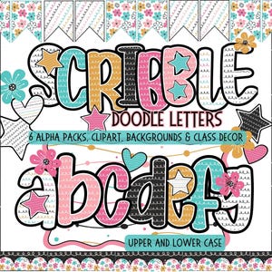 Colorful Preppy Alphabet Bundle PNG, upper lowercase, Alpha doodle pack classroom letters, Retro Teacher font, clipart Marquee bulletin kit