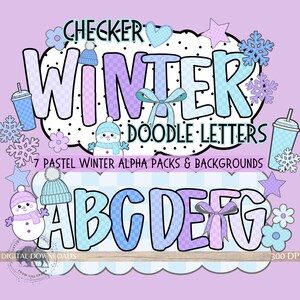 Preppy Checker Alphabet png Bundle, Winter Alpha Doodle letters, Pastel Alpha Set, Snowman Snowflake, purple January Marquee bulletin