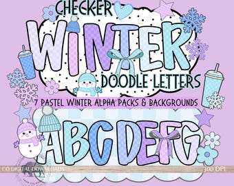 Preppy Checker Alphabet png Bundle, Winter Alpha Doodle letters, Pastel Alpha Set, Snowman Snowflake, purple January Marquee bulletin