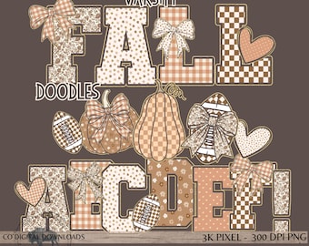 Floral Fall Alphabet Bundle PNG, Varsity Thanksgiving Doodle font, Brown sports letters, Preppy Autumn football coquette, pumpkins Clipart