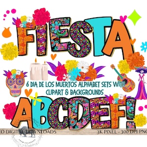 Fiesta Alphabet Bundle PNG, Mexican Alpha Doodle letters, Cinco de Mayo font, Sugar Skull Clipart, Dia De los Muertos marquee Bulletin board