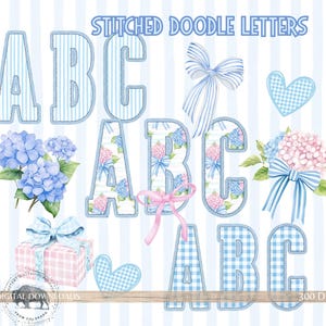 Alfabeto floral Grandmillenial png, letras preppy falsas costuradas png, floral vintage desenhado à mão, pacote de alfabeto, alfabeto azul pastel toile