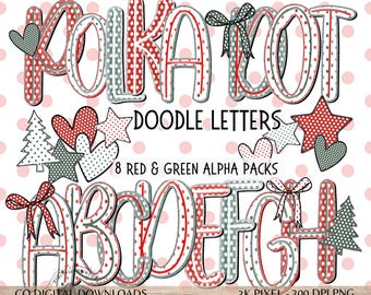 Christmas Alphabet png bundle, Holiday polka dot Letter & Number, Preppy brush stroke Doodle, Sublimation Alpha set, Coquette Winter