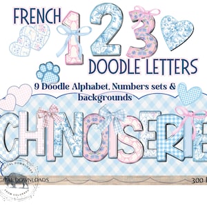 Alfabeto com laço floral Grandmillennial PNG, Blue Toile Coquette, fonte Doodle PNG, pacote Alpha 9 PNG, guingão floral preppy, letras de letreiro