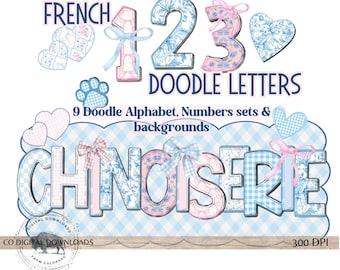 Alfabeto com laço floral Grandmillennial PNG, Blue Toile Coquette, fonte Doodle PNG, pacote Alpha 9 PNG, guingão floral preppy, letras de letreiro