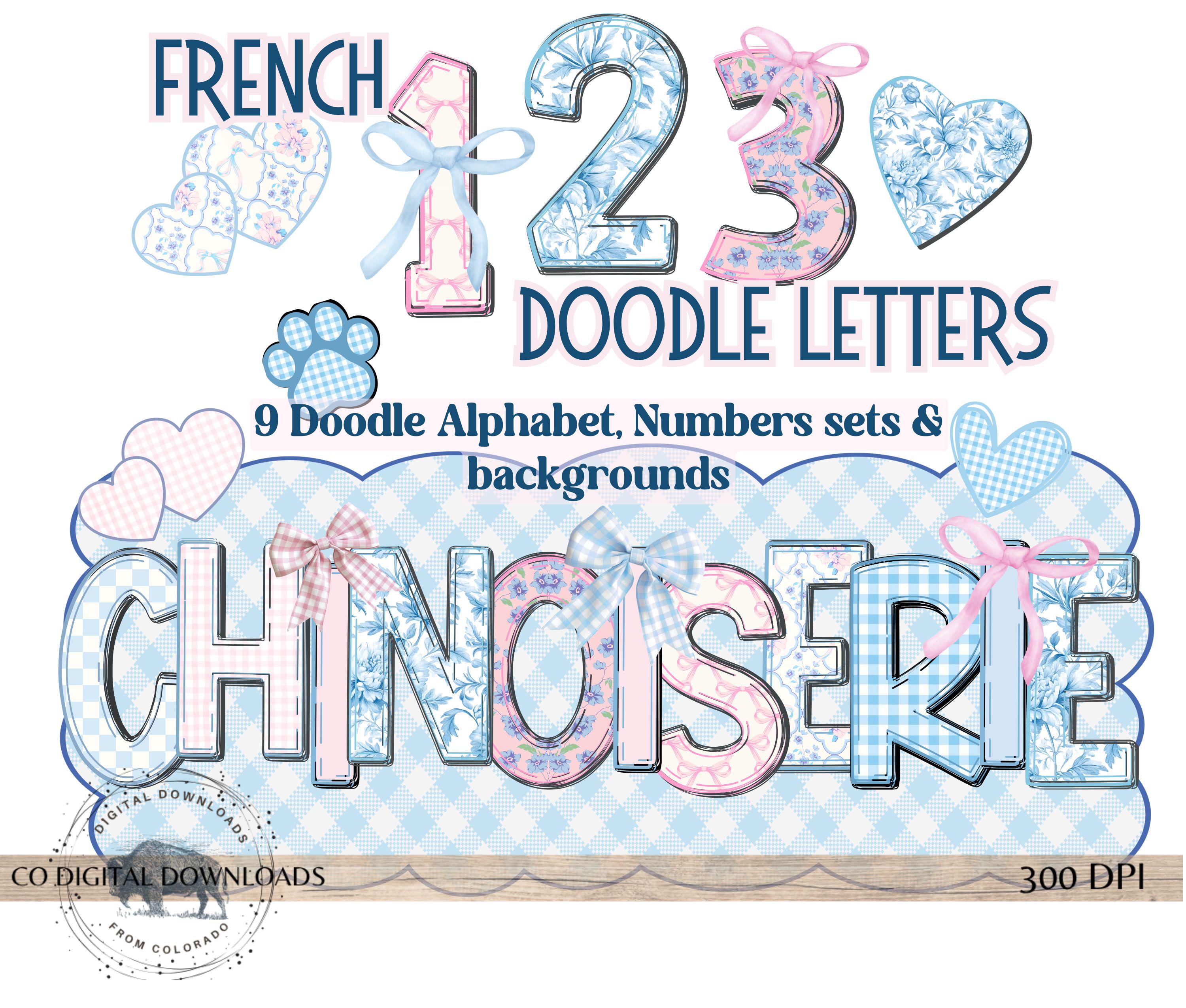 Grandmillennial Floral Mix Bow Alphabet PNG, Blue Toile Coquette, Doodle font png, 9 Alpha pack PNG, Preppy Floral Gingham, Marquee letters