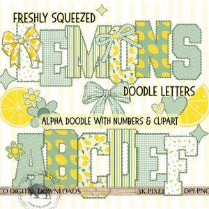 Peut inclure: Une conception numérique avec le mot "LEMONS" et l'alphabet dans un style patchwork. Les lettres sont décorées de citrons et de nœuds. La conception comprend le texte "FRESHLY SQUEEZED" et "DOODLE LETTERS".