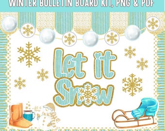Winter bulletin board kit PDF png, Snow Classroom Decoration, gold glitter Snowflakes, Elementary Teacher, Primary School Door Decor