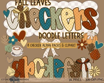 Fall Checker Alphabet Bundle PNG, Leaves Alpha Doodle letters, Thanksgiving font, leaf clipart pumpkin bulletin, 8 Alpha pack, Boho marquee