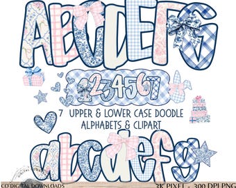 Preppy Grandmillenial Alphabet Bundle PNG, Blue Toile Doodle letters, Pink baby coquette, 7 Alpha Set Clipart, Spring upper & lower bulletin