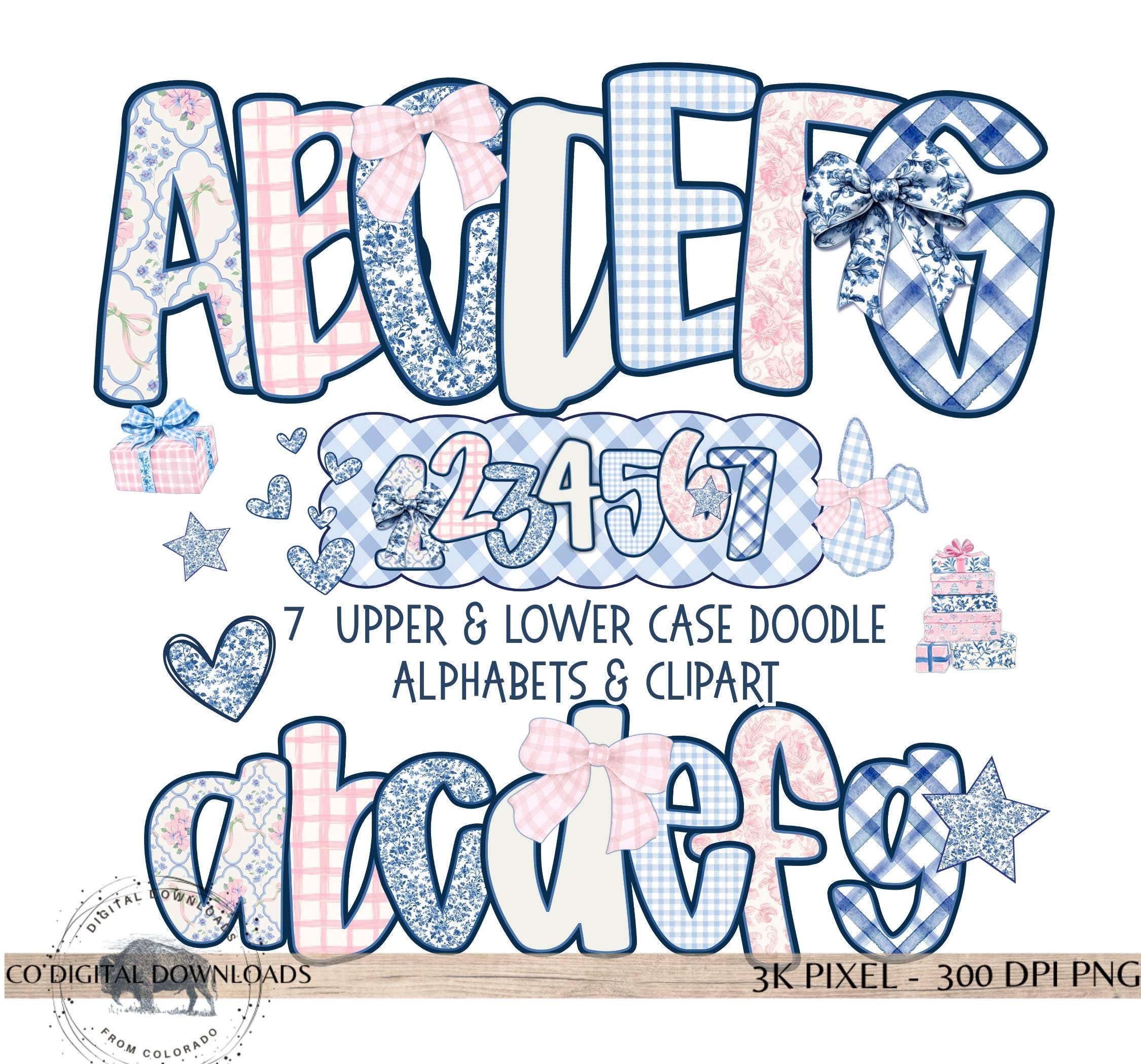 Preppy Grandmillenial Alphabet Bundle PNG, Blue Toile Doodle Letters ...