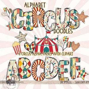 Circus alphabet PNG bundle, red Big Top Doodle letters, Party Alpha pack & balloon clipart, classroom Printable carnival Bulletin board