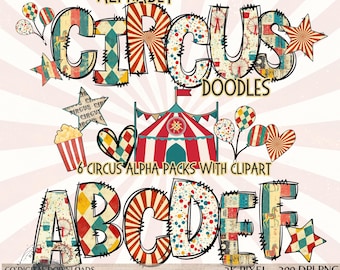 Circus alphabet PNG bundle, red Big Top Doodle letters, Party Alpha pack & balloon clipart, classroom Printable carnival Bulletin board