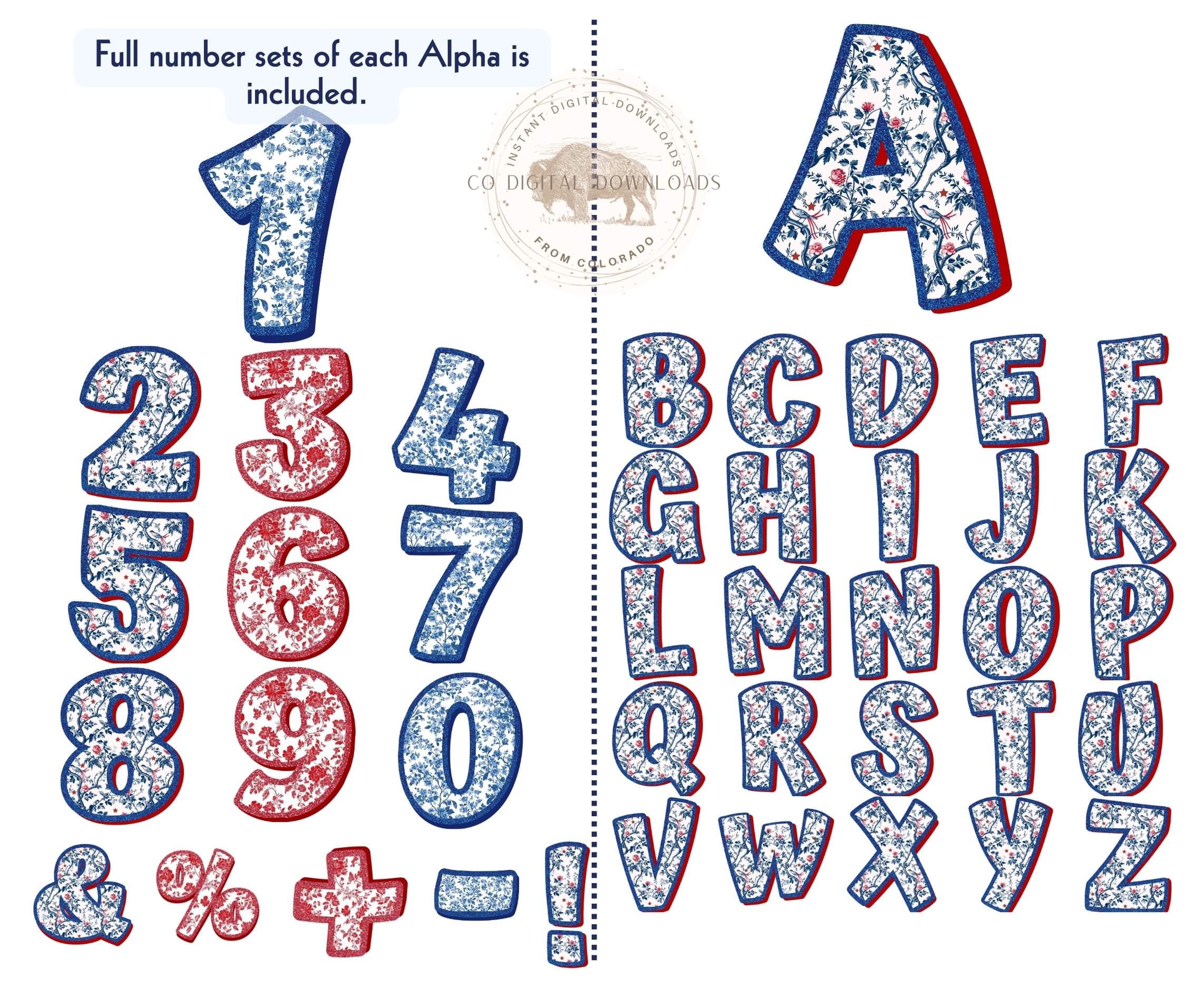 Floral Alphabet PNG Bundle, 4th of July, Red White Blue Doodle Font ...