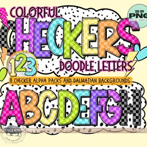 Alfabeto de cuadros coloridos, paquete PNG PDF, letras de garabatos alfa, letras a cuadros PNG, conjunto de 8 colores brillantes, letras de marquesina de puntos dálmatas