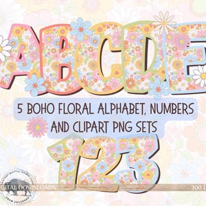 Paquete de alfabeto floral PNG PDF, letras bohemias Alpha Doodle, letras de primavera PNG, conjunto alfa de 5 colores pastel, flor de verano, letras imprimibles png
