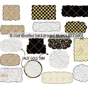 May include: A collection of 16 coordinating background shapes in various designs. The shapes include leopard print, checkered patterns, and speckled designs. Some shapes have a faux gold trim. The text reads "16 Coordinating background shapes included."