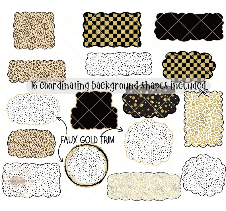 May include: A collection of 16 coordinating background shapes in various designs. The shapes include leopard print, checkered patterns, and speckled designs. Some shapes have a faux gold trim. The text reads "16 Coordinating background shapes included."