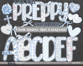 Lace Preppy Floral Alphabet PNG bundle, Blue Toile bow Coquette, Digital Doodle font Alpha letters, Grandmillenial aesthetic Gingham Marquee
